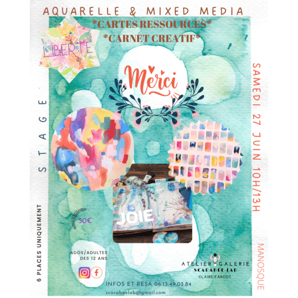 Stage aquarelle et mixed media . cartes ressources/carnet créatif